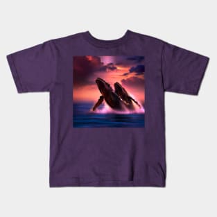 Humpback Whales Breaching at Dramatic Sunset Kids T-Shirt